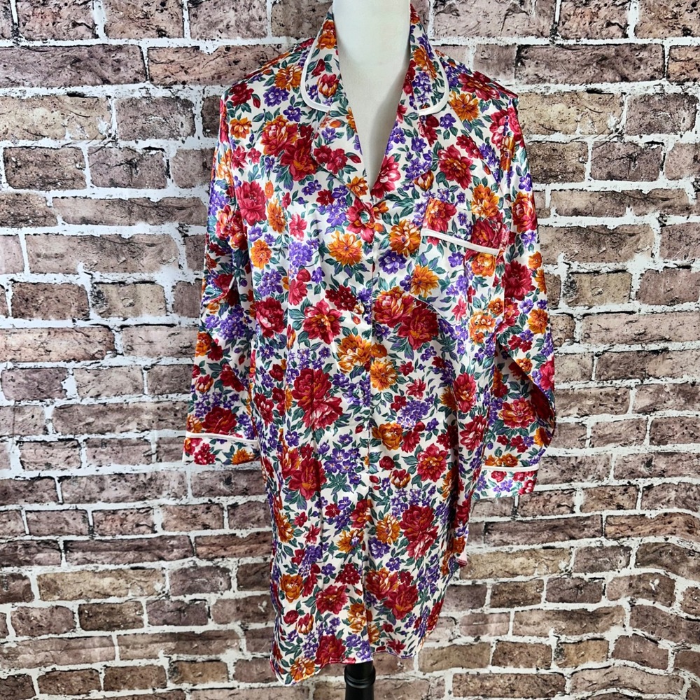 Kathryn Vintage Floral Satin Button Up Nightgown‎ Loungewear Shirt Dress L